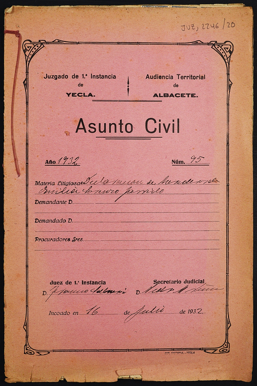Declaración de herederos 95/1932 del Juzgado de Primera Instancia e Instrucción Nº 1 de Yecla, por defunción de Emilia Lorenzo Garrido.