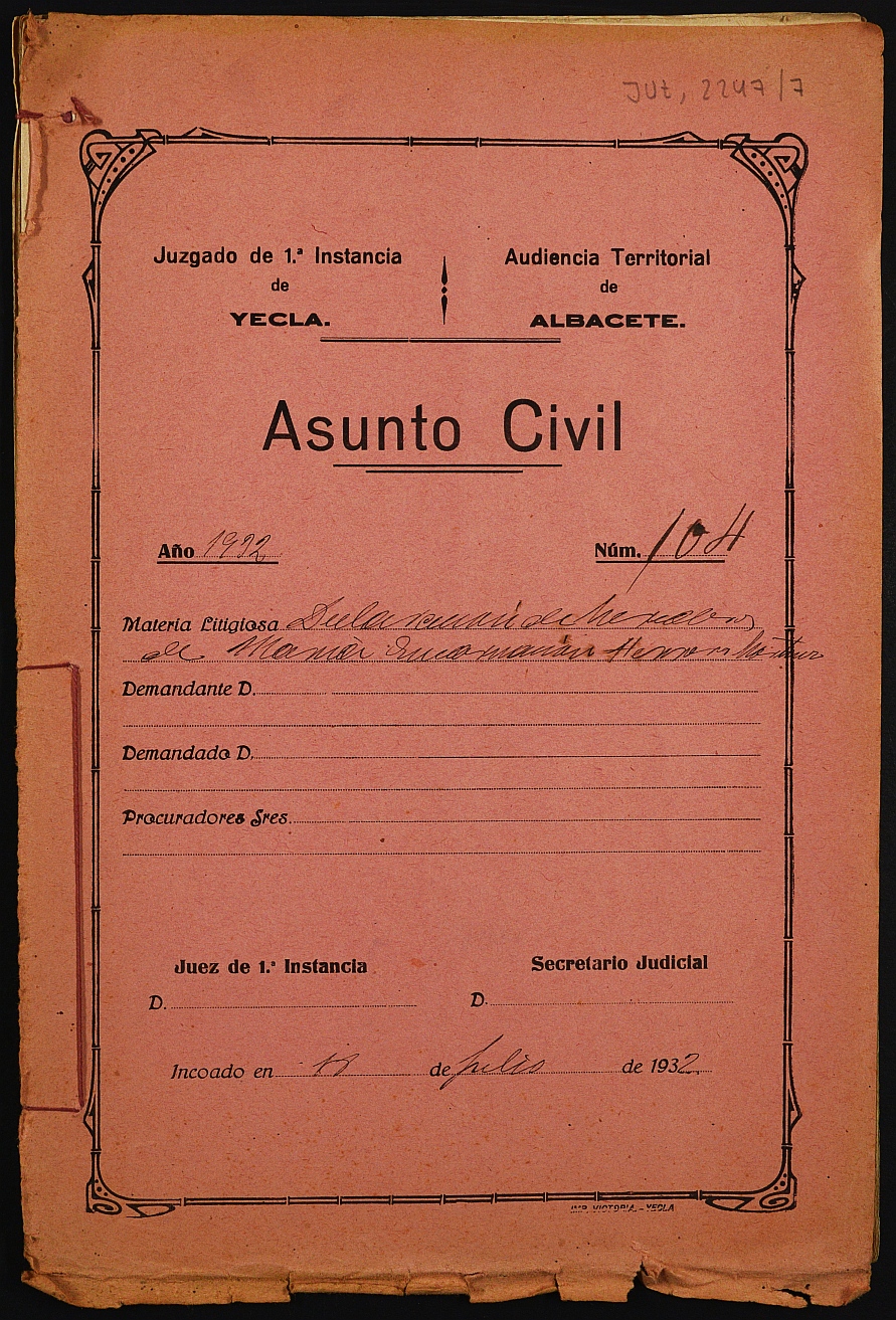 Declaración de herederos 104/1932 del Juzgado de Primera Instancia e Instrucción Nº 1 de Yecla, por defunción de María Encarnación Herrero Martínez.