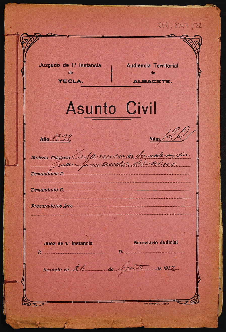 Declaración de herederos 122/1932 del Juzgado de Primera Instancia e Instrucción Nº 1 de Yecla, por defunción de Juan Fernández Vizcaíno.