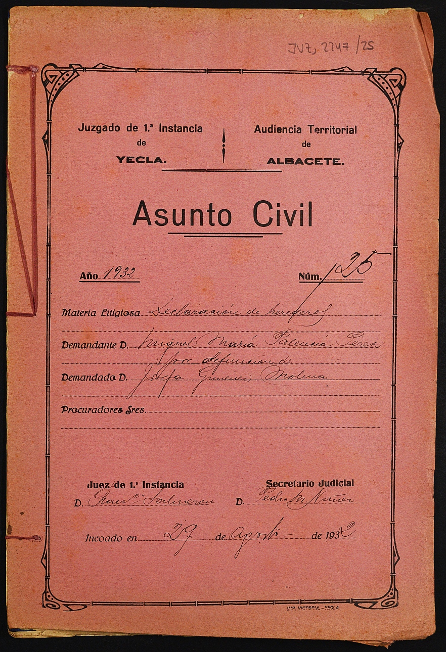 Declaración de herederos 125/1932 del Juzgado de Primera Instancia e Instrucción Nº 1 de Yecla, por defunción de Josefa Giménez Molina.