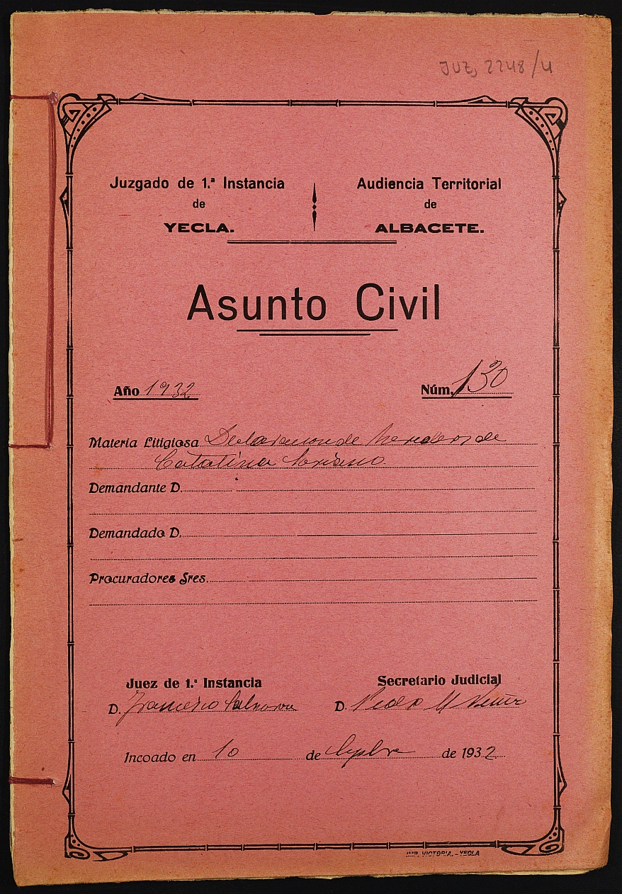 Declaración de herederos 130/1932 del Juzgado de Primera Instancia e Instrucción Nº 1 de Yecla, por defunción de Catalina Soriano Gómez.