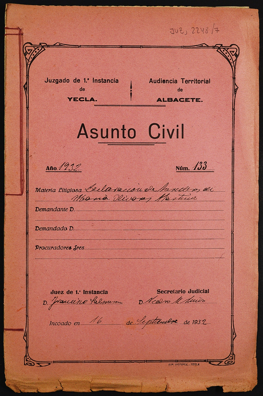Declaración de herederos 133/1932 del Juzgado de Primera Instancia e Instrucción Nº 1 de Yecla, por defunción de María Olivares Martínez.