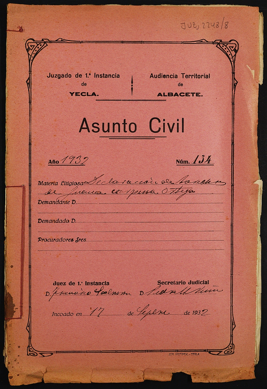 Declaración de herederos 134/1932 del Juzgado de Primera Instancia e Instrucción Nº 1 de Yecla, por defunción de Juana Carpena Ortega.