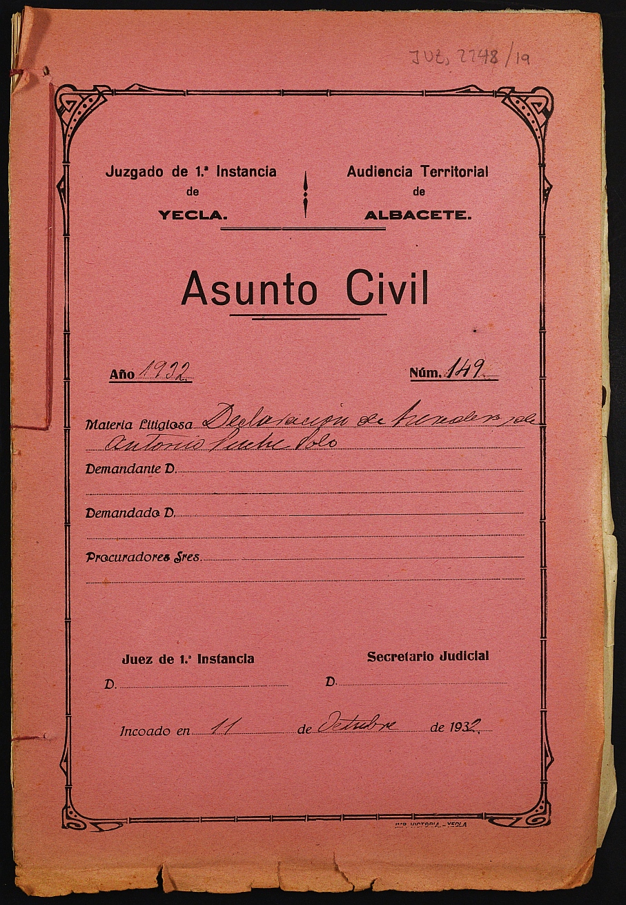 Declaración de herederos 149/1932 del Juzgado de Primera Instancia e Instrucción Nº 1 de Yecla, por defunción de Antonio Puche Polo.