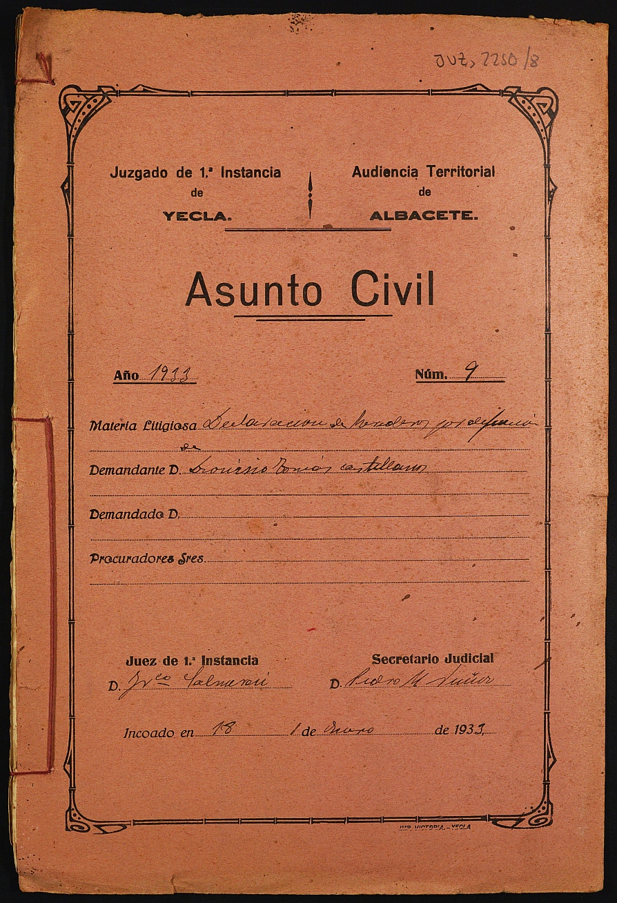 Declaración de herederos 9/1933 del Juzgado de Primera Instancia e Instrucción Nº 1 de Yecla, por defunción de Dionisio Tomás Castellanos.