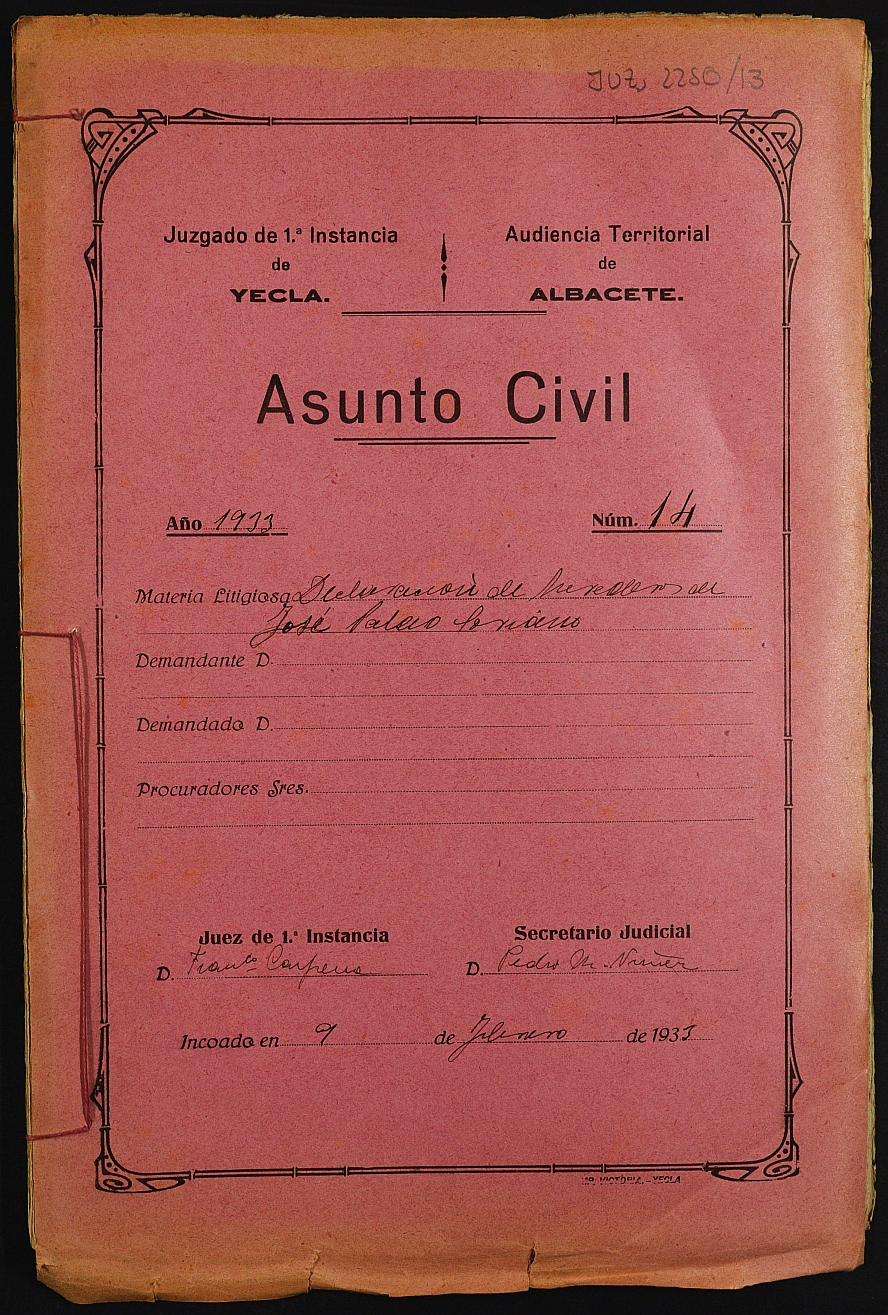 Declaración de herederos 14/1933 del Juzgado de Primera Instancia e Instrucción Nº 1 de Yecla, por defunción de José Palao Soriano.