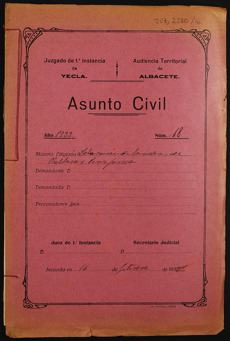 Declaración de herederos 18/1933 del Juzgado de Primera Instancia e Instrucción Nº 1 de Yecla, por defunción de Baltasar Pérez García.