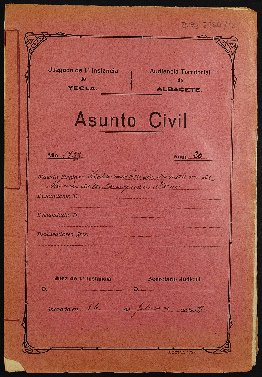 Declaración de herederos 20/1933 del Juzgado de Primera Instancia e Instrucción Nº 1 de Yecla, por defunción de María de la Concepción Marco Pérez.