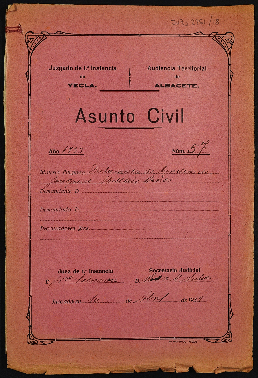 Declaración de herederos 57/1933 del Juzgado de Primera Instancia e Instrucción Nº 1 de Yecla, por defunción de Joaquín Abellán Baños.