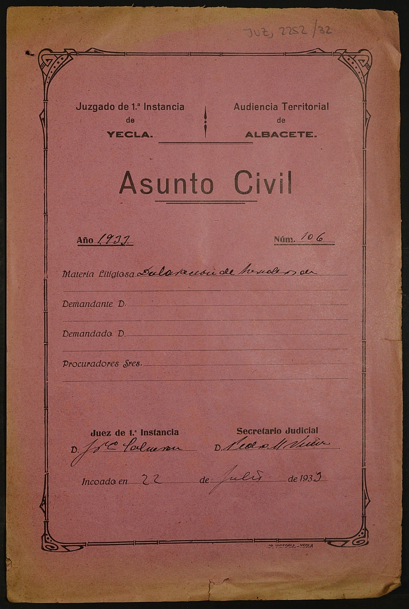 Declaración de herederos 106/1933 del Juzgado de Primera Instancia e Instrucción Nº 1 de Yecla, por defunción de Francisco Martínez Martínez.