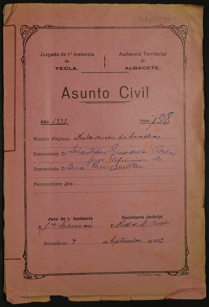 Declaración de herederos 128/1933 del Juzgado de Primera Instancia e Instrucción Nº 1 de Yecla, por defunción de Ana Pérez Abellán.