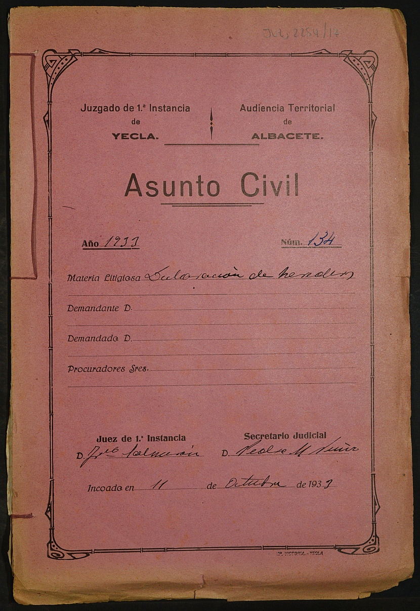 Declaración de herederos 134/1933 del Juzgado de Primera Instancia e Instrucción Nº 1 de Yecla, por defunción de Vicenta García González.