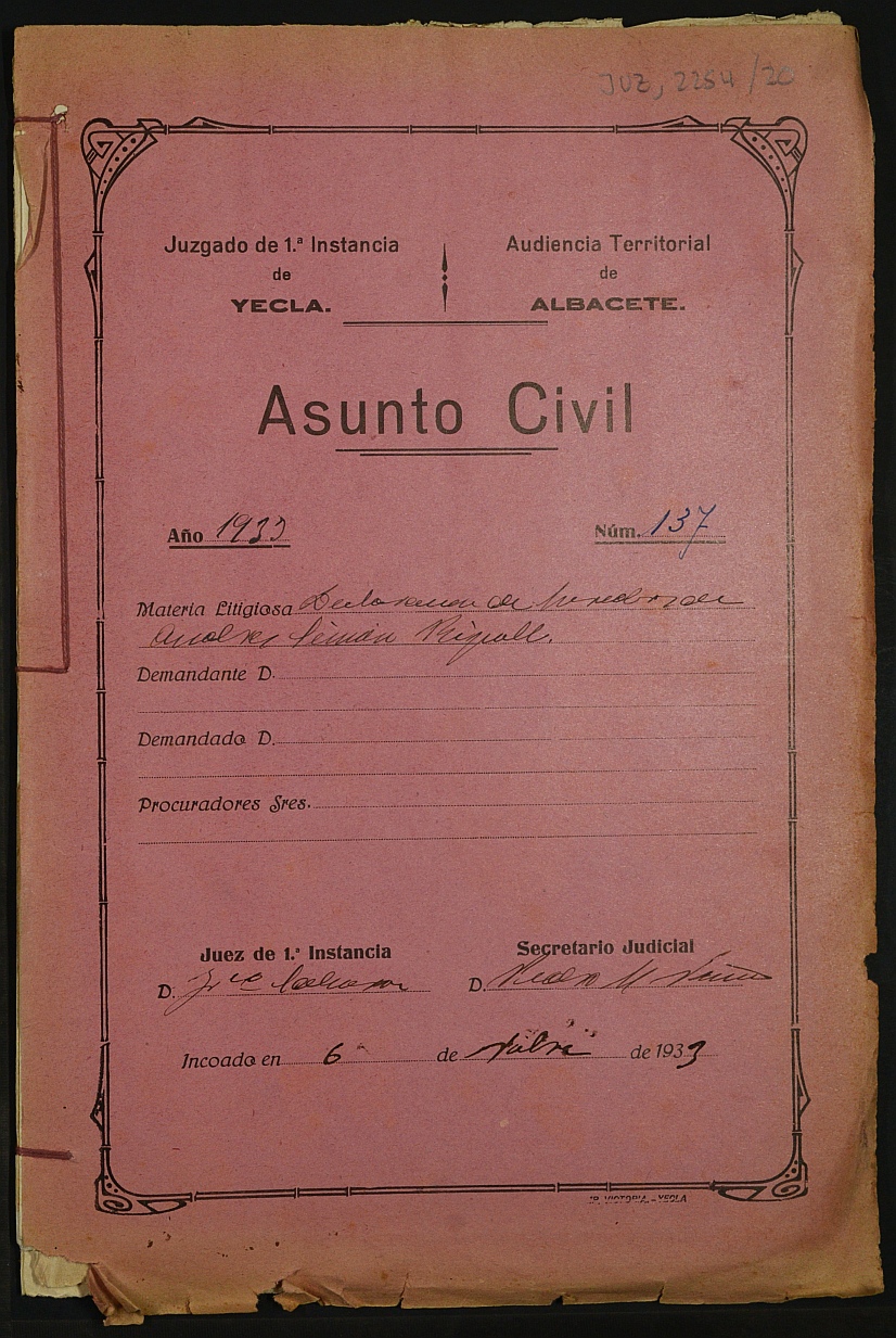 Declaración de herederos 137/1933 del Juzgado de Primera Instancia e Instrucción Nº 1 de Yecla, por defunción de Andrés Simón Ripoll.