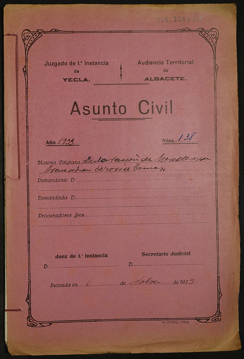 Declaración de herederos 138/1933 del Juzgado de Primera Instancia e Instrucción Nº 1 de Yecla, por defunción de Francisca Azorín Tomás.