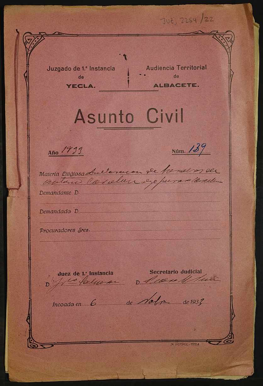 Declaración de herederos 139/1933 del Juzgado de Primera Instancia e Instrucción Nº 1 de Yecla, por defunción de Antonio Guerrero Carcelén.