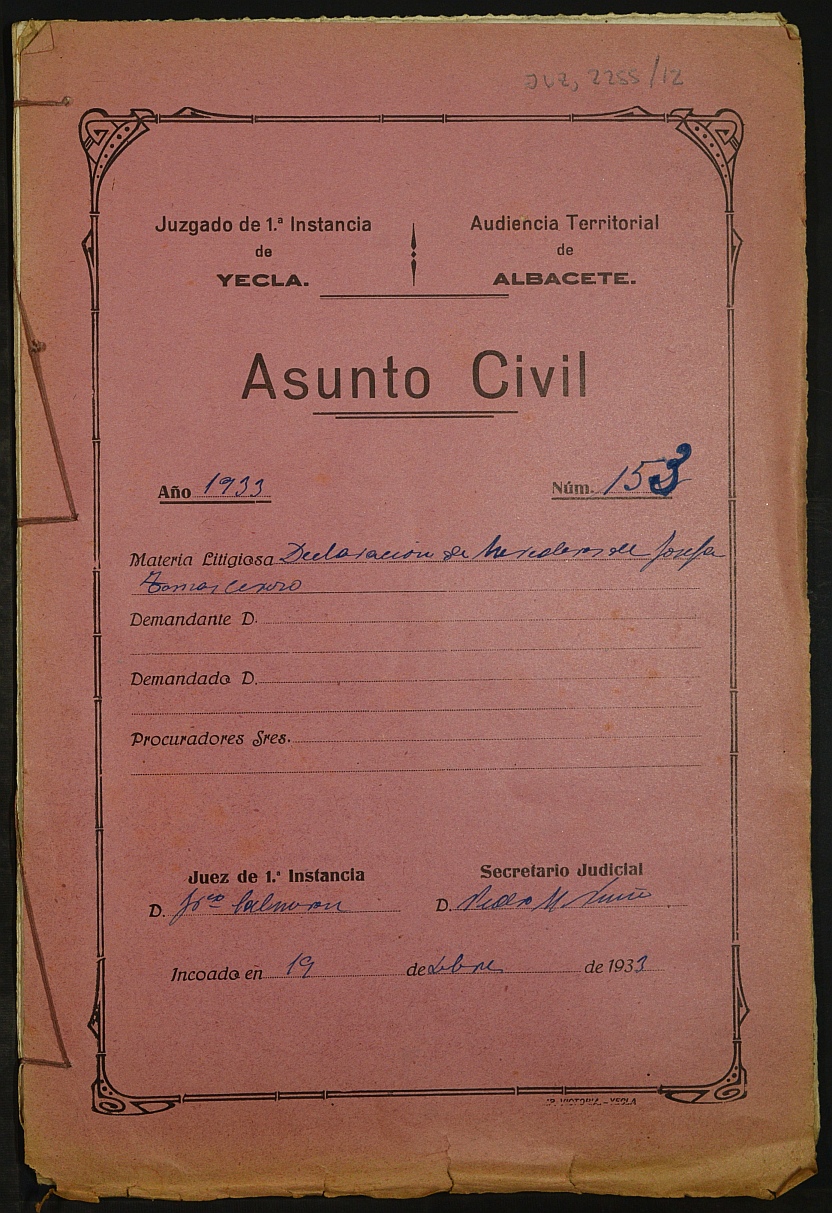 Declaración de herederos 153/1933 del Juzgado de Primera Instancia e Instrucción Nº 1 de Yecla, por defunción de Josefa Tomás Cerezo.