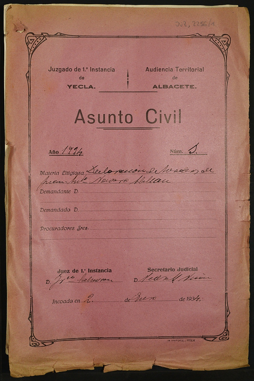 Declaración de herederos 1/1934 del Juzgado de Primera Instancia e Instrucción Nº 1 de Yecla, por defunción de Juan Antonio Navarro Guardiola.
