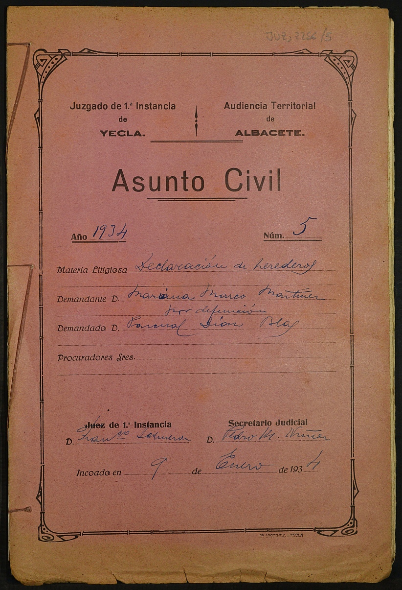 Declaración de herederos 5/1934 del Juzgado de Primera Instancia e Instrucción Nº 1 de Yecla, por defunción de Pascual Díaz Blas.