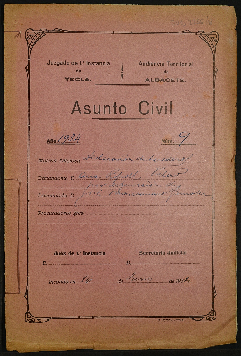 Declaración de herederos 9/1934 del Juzgado de Primera Instancia e Instrucción Nº 1 de Yecla, por defunción de José Manzanaro González.