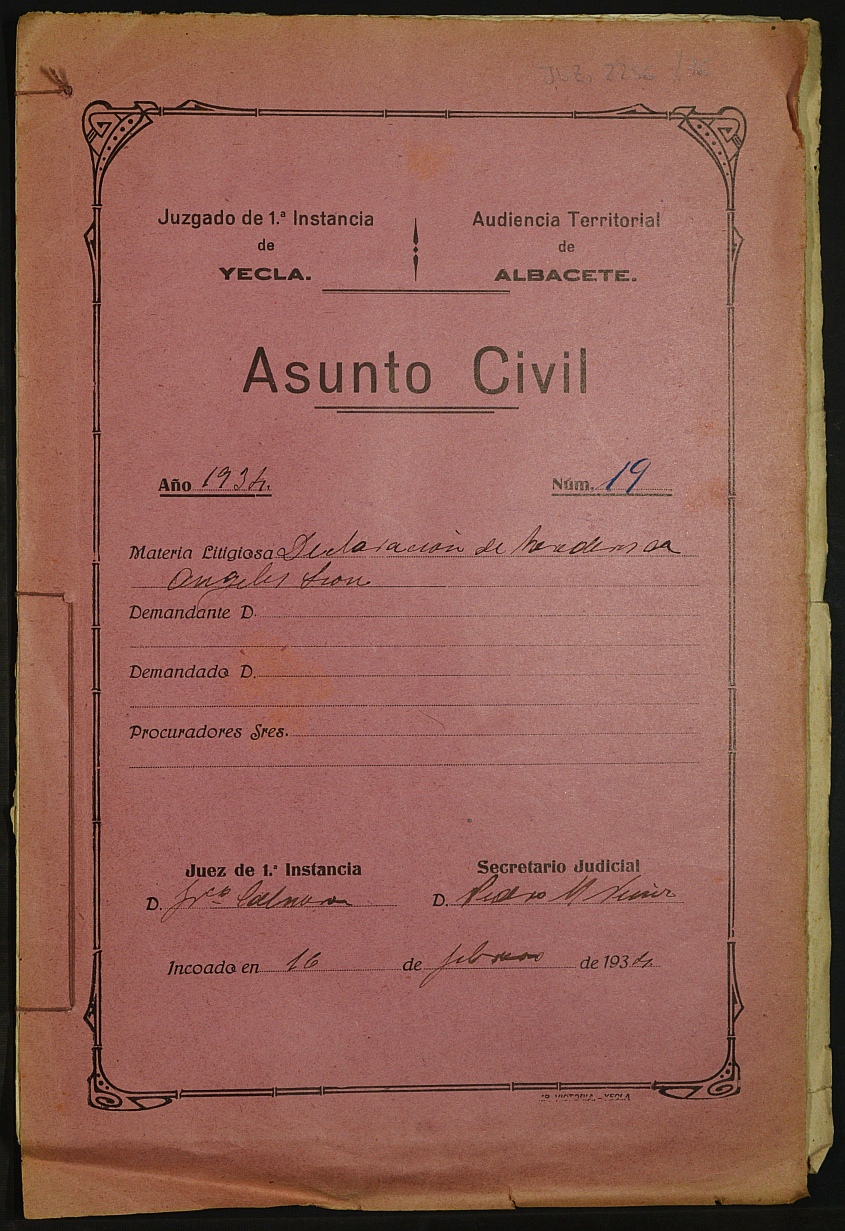 Declaración de herederos 19/1934 del Juzgado de Primera Instancia e Instrucción Nº 1 de Yecla, por defunción de Angeles León Ortega.