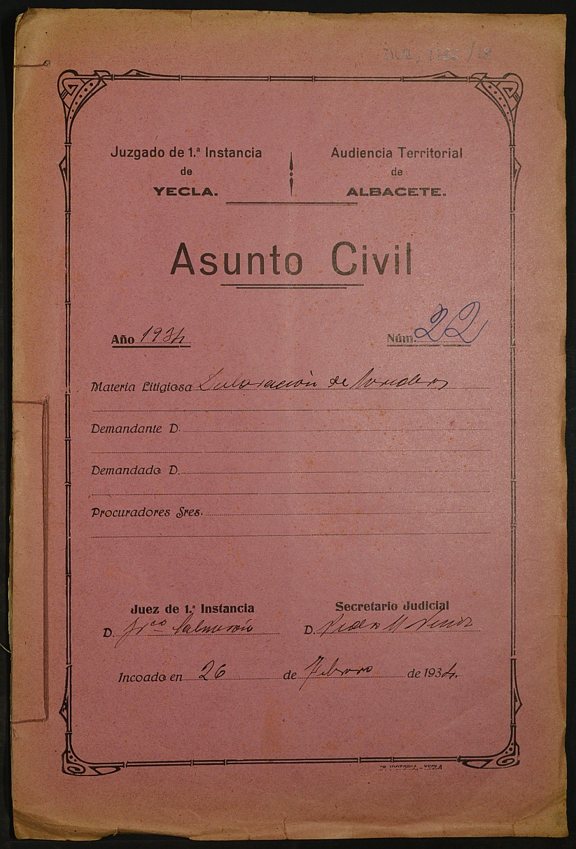 Declaración de herederos 22/1934 del Juzgado de Primera Instancia e Instrucción Nº 1 de Yecla, por defunción de Margarita Cutillas Castillo.
