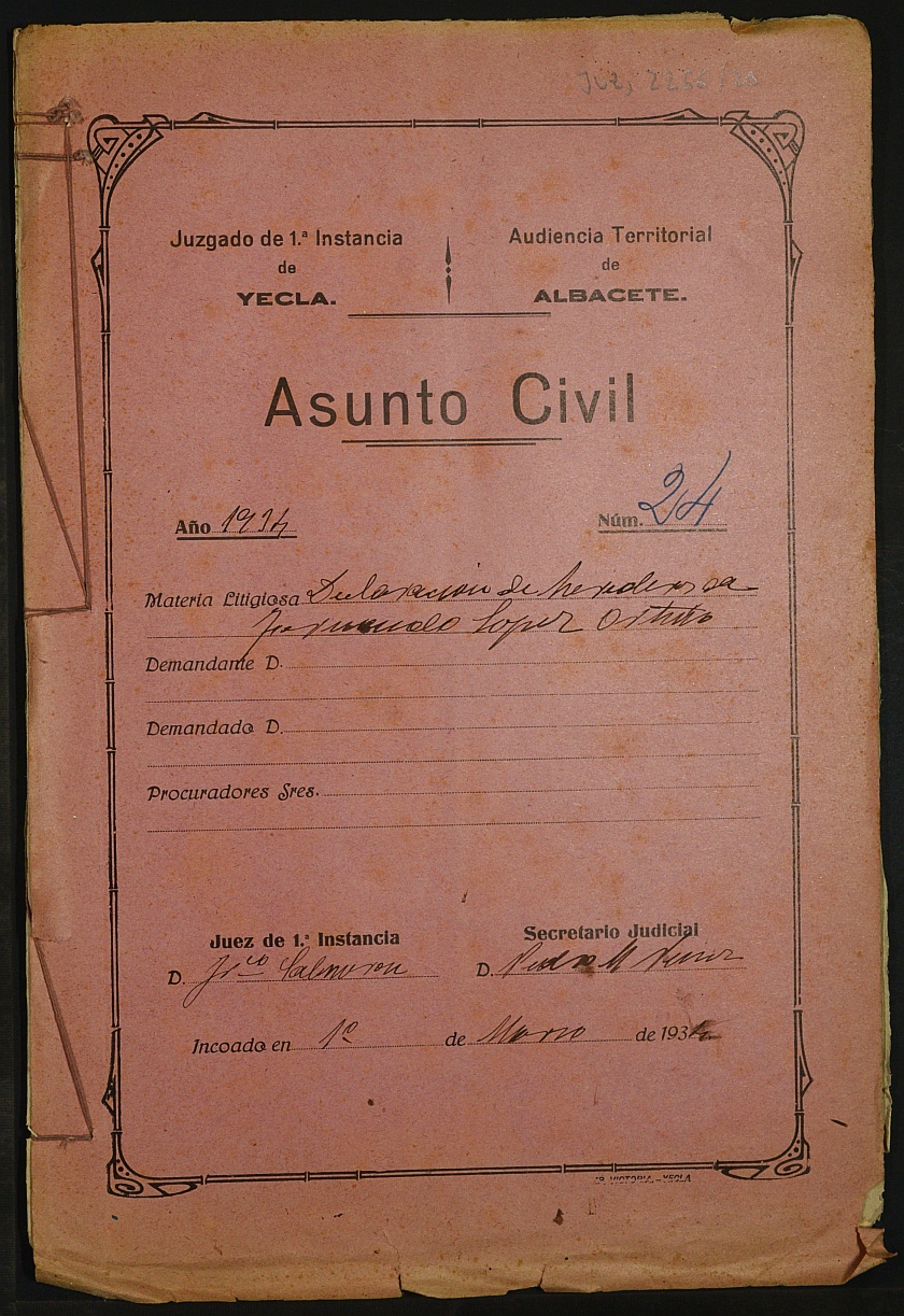 Declaración de herederos 24/1934 del Juzgado de Primera Instancia e Instrucción Nº 1 de Yecla, por defunción de Fernando López Ortuño.