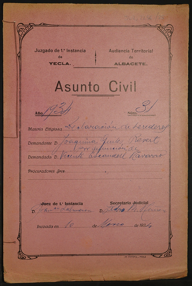 Declaración de herederos 31/1934 del Juzgado de Primera Instancia e Instrucción Nº 1 de Yecla, por defunción de Vicente Escandell Navarro.