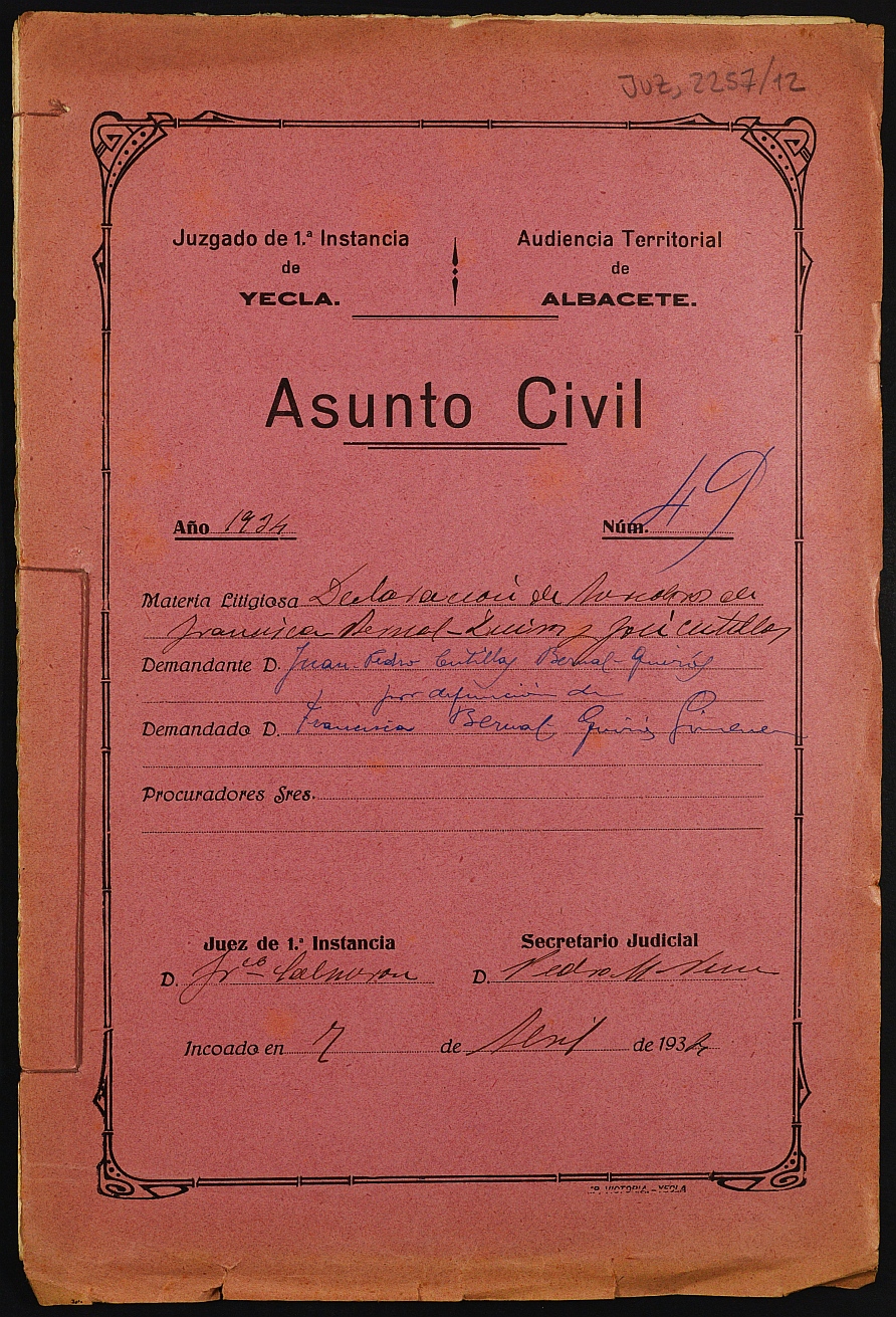 Declaración de herederos 49/1934 del Juzgado de Primera Instancia e Instrucción Nº 1 de Yecla, por defunción de Francisca Bernal-Quirós Jiménez.