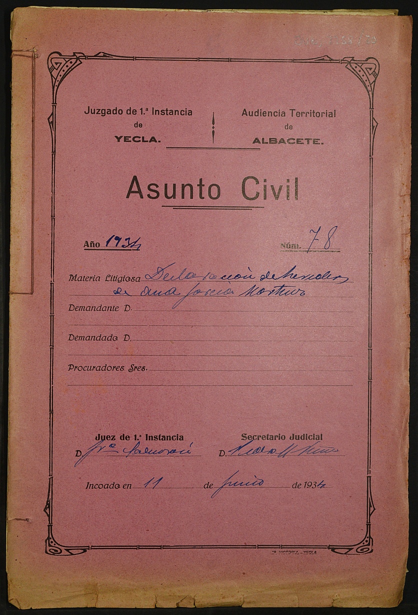 Declaración de herederos 78/1934 del Juzgado de Primera Instancia e Instrucción Nº 1 de Yecla, por defunción de Ana García Martínez.