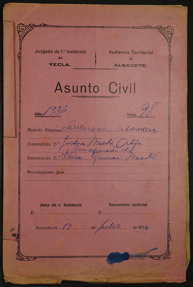 Declaración de herederos 98/1934 del Juzgado de Primera Instancia e Instrucción Nº 1 de Yecla, por defunción de Luisa Giménez Maestre.