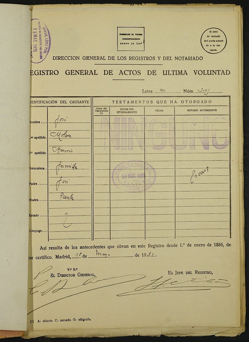 Declaración de herederos 99/1934 del Juzgado de Primera Instancia e Instrucción Nº 1 de Yecla, por defunción de José, Roque y María Molera Amorós.