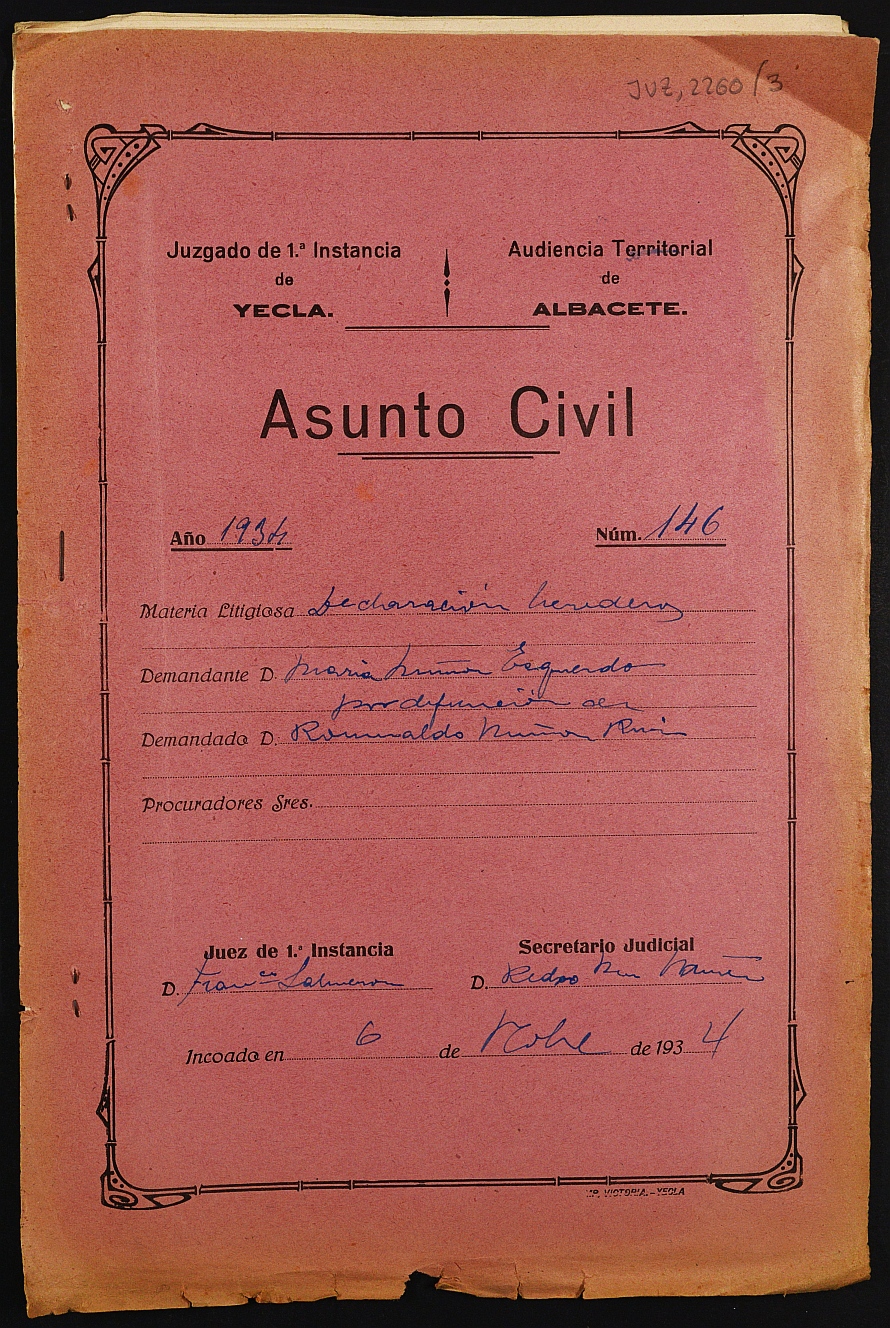 Declaración de herederos 146/1934 del Juzgado de Primera Instancia e Instrucción Nº 1 de Yecla, por defunción de Romualdo Muñoz Ruiz.