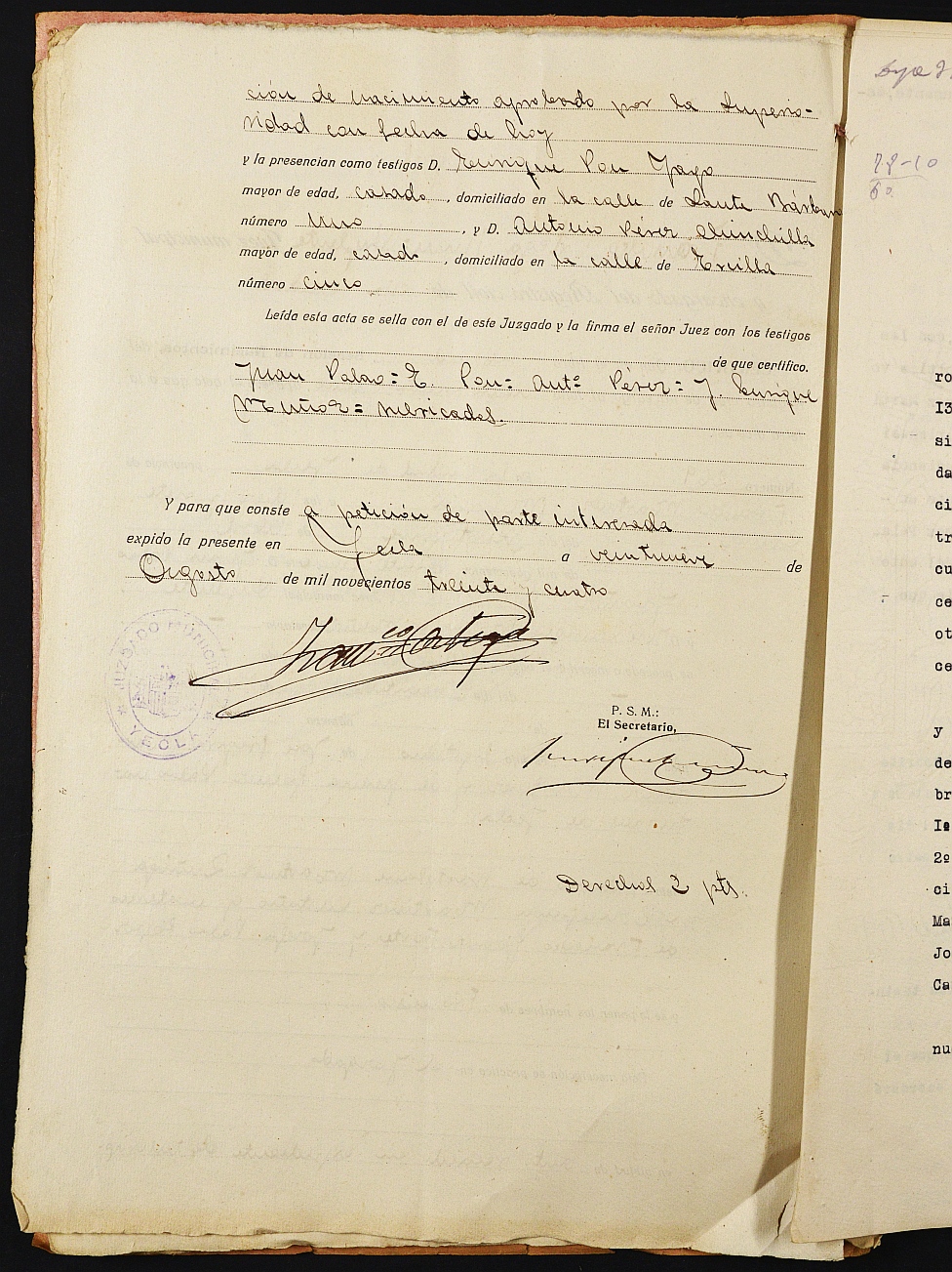 Declaración de herederos 152/1934 del Juzgado de Primera Instancia e Instrucción Nº 1 de Yecla, por defunción de Juana Gómez Palao.