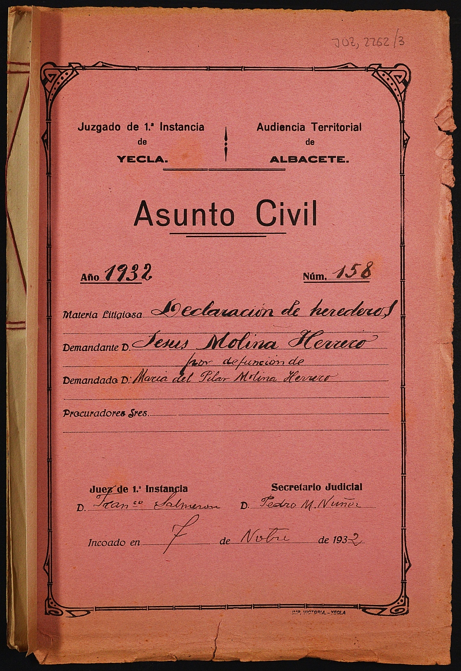 Declaración de herederos 158/1932 del Juzgado de Primera Instancia e Instrucción Nº 1 de Yecla, por defunción de María del Pilar Molina Herrero.
