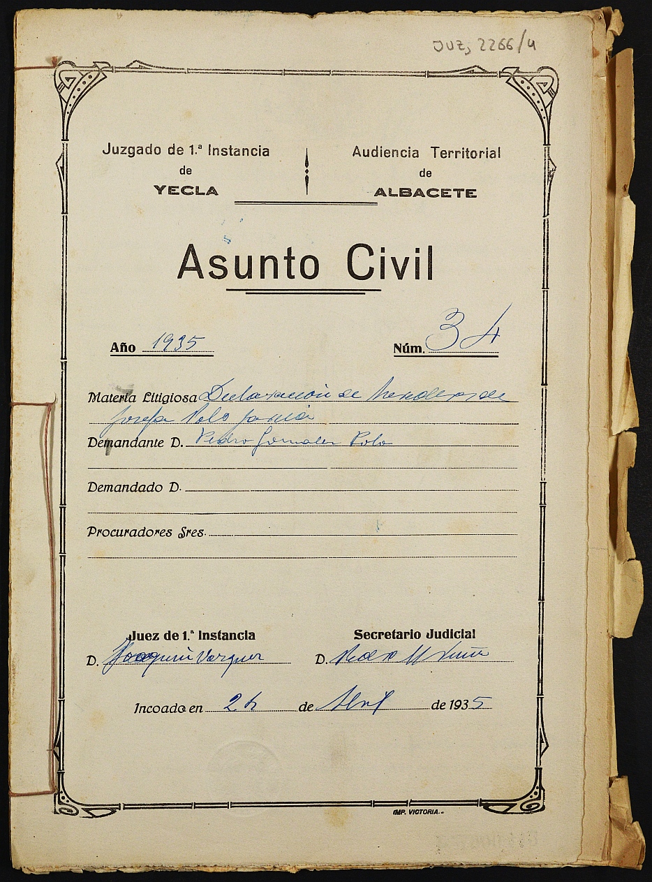 Declaración de herederos 34/1935 del Juzgado de Primera Instancia e Instrucción Nº 1 de Yecla, por defunción de Pedro González Polo.