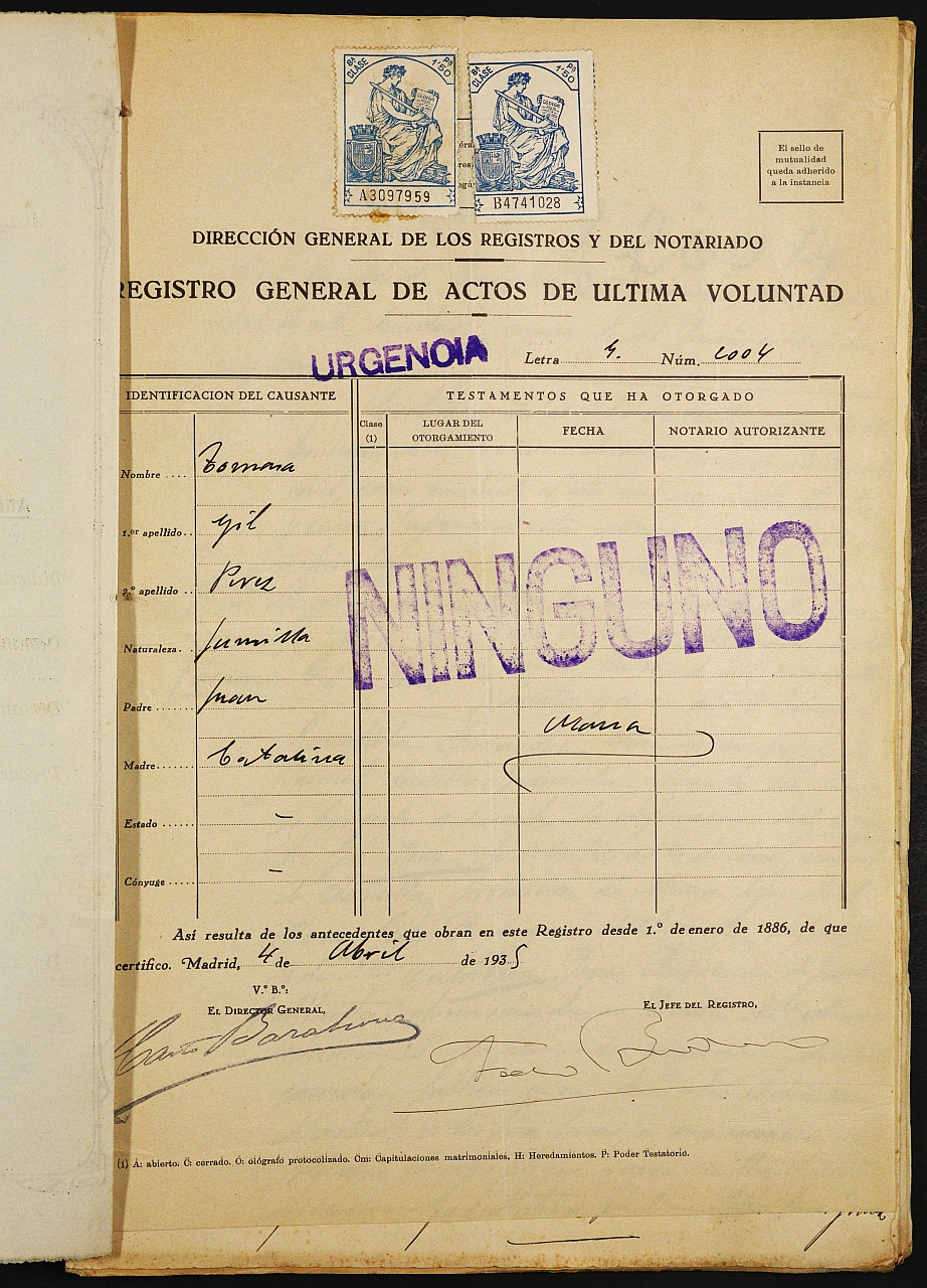 Declaración de herederos 60/1935 del Juzgado de Primera Instancia e Instrucción Nº 1 de Yecla, por defunción de Tomasa Gil Pérez.