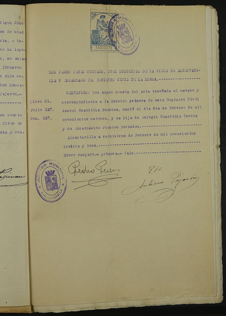 Declaración de herederos 9/1933 del Juzgado de Primera instancia del Distrito de San Juan de Murcia instada por Juan José Guardiola Fuentes de la de Encarnación Fuentes Bermúdez, natural de Alcantarilla, y otros.