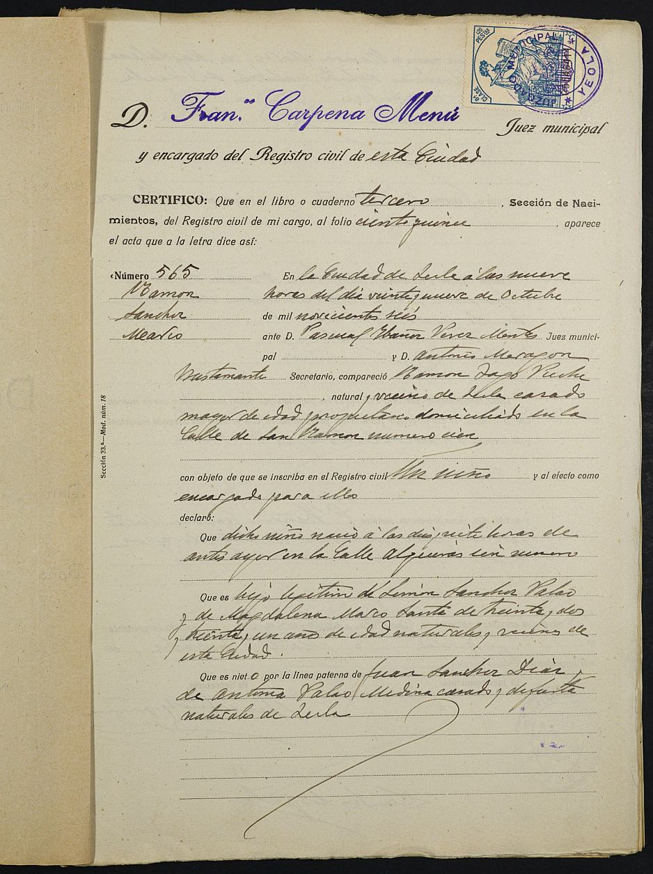 Expediente nº 4 para la inscripción de matrimonio civil en el Registro Civil de Yecla entre Ramón Sánchez Marco y Eduvigis Candela Puche.