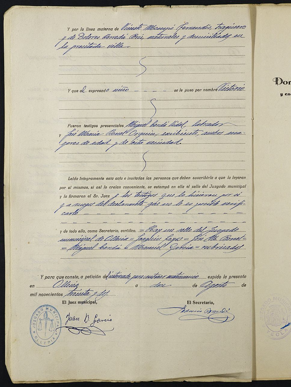 Expediente nº 2 para la inscripción de matrimonio civil en el Registro Civil de Yecla entre Victorio García Mompo y Josefa Albert Candela.