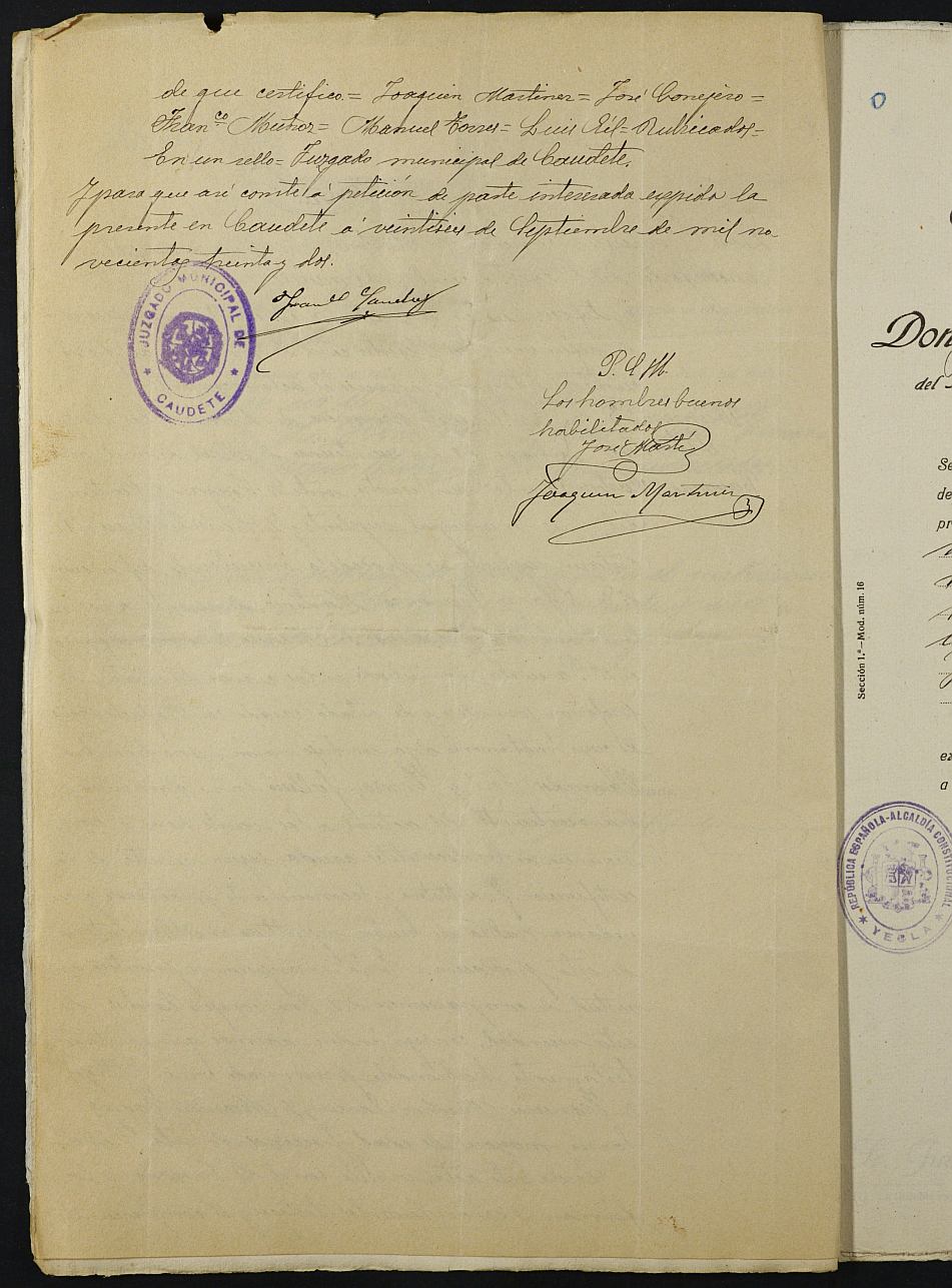Expediente nº 18 para la inscripción de matrimonio civil en el Registro Civil de Yecla entre Juan Miguel García Pérez y Rafaela Luisa Yagüe López.