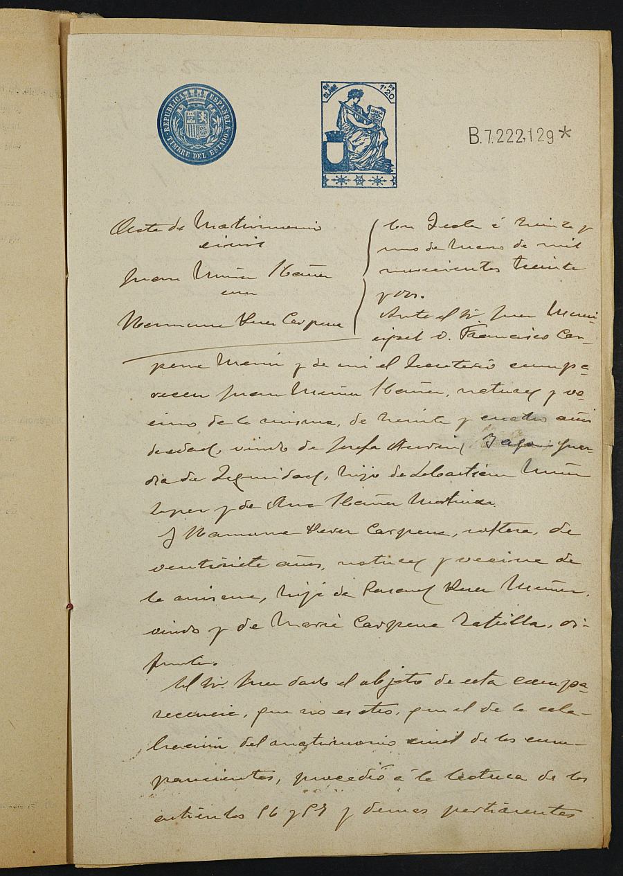 Expediente para la inscripción de matrimonio civil en el Registro Civil de Yecla entre Juan Muñoz Ibáñez y Ramona Pérez Carpena.