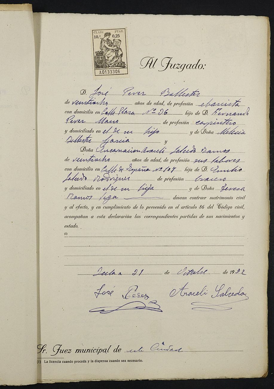 Expediente nº 54 para la inscripción de matrimonio civil en el Registro Civil de Yecla entre José Pérez Ballester y Encarnación Araceli Salcedo Ramos.