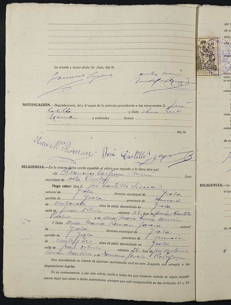 Expediente nº 2 para la inscripción de matrimonio civil en el Registro Civil de Yecla entre José Castillo Sierra y Ana María Román García.