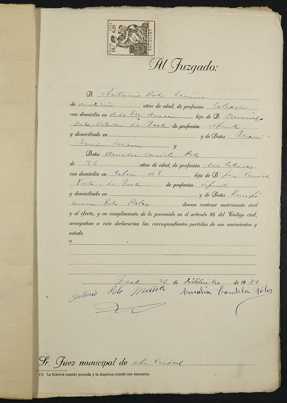Expediente nº 3 para la inscripción de matrimonio civil en el Registro Civil de Yecla entre Antonio Polo Muñoz y Amalia Candela Polo.