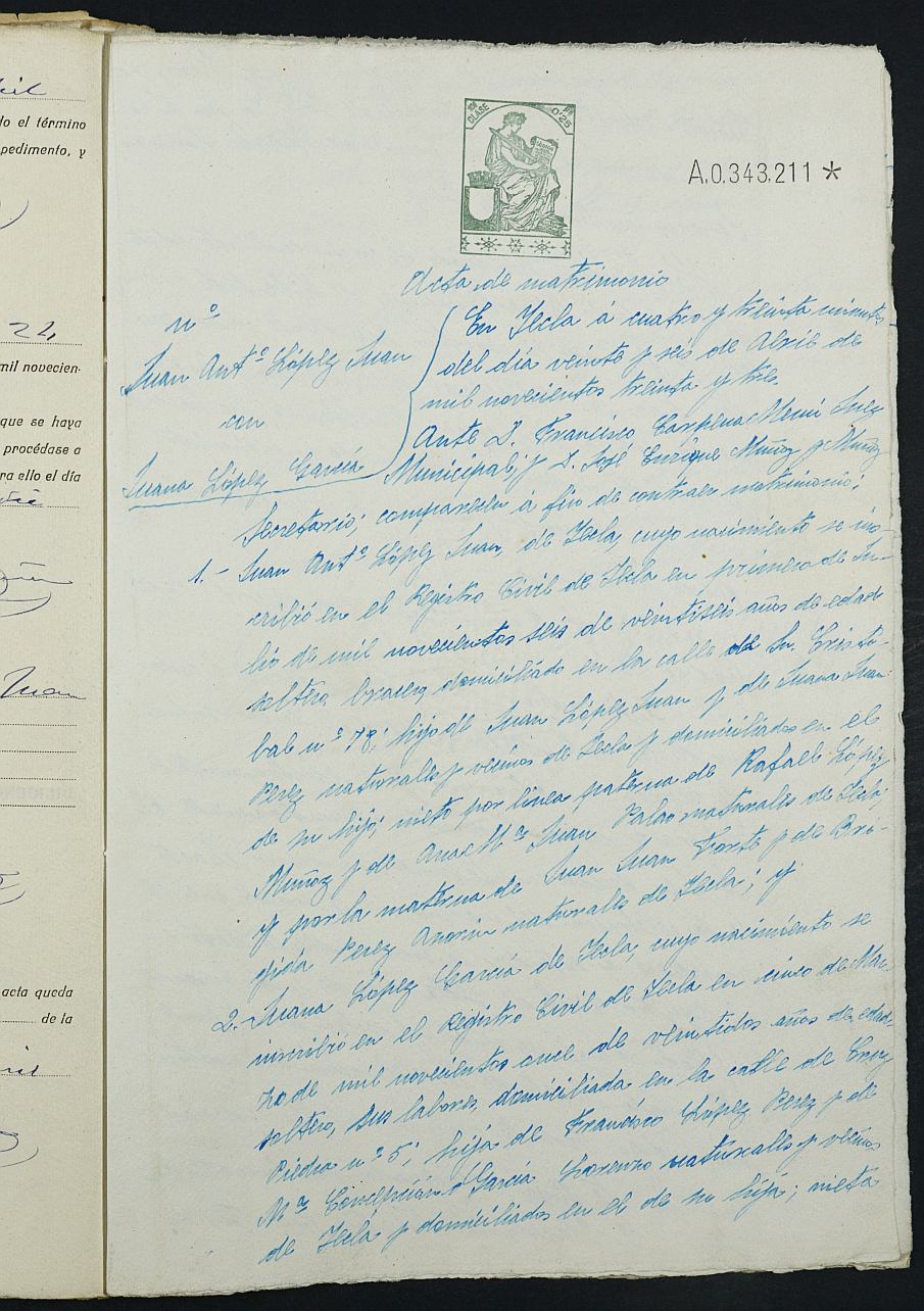 Expediente nº 43 para la inscripción de matrimonio civil en el Registro Civil de Yecla entre Juan Antonio López Juan y Juana López García.