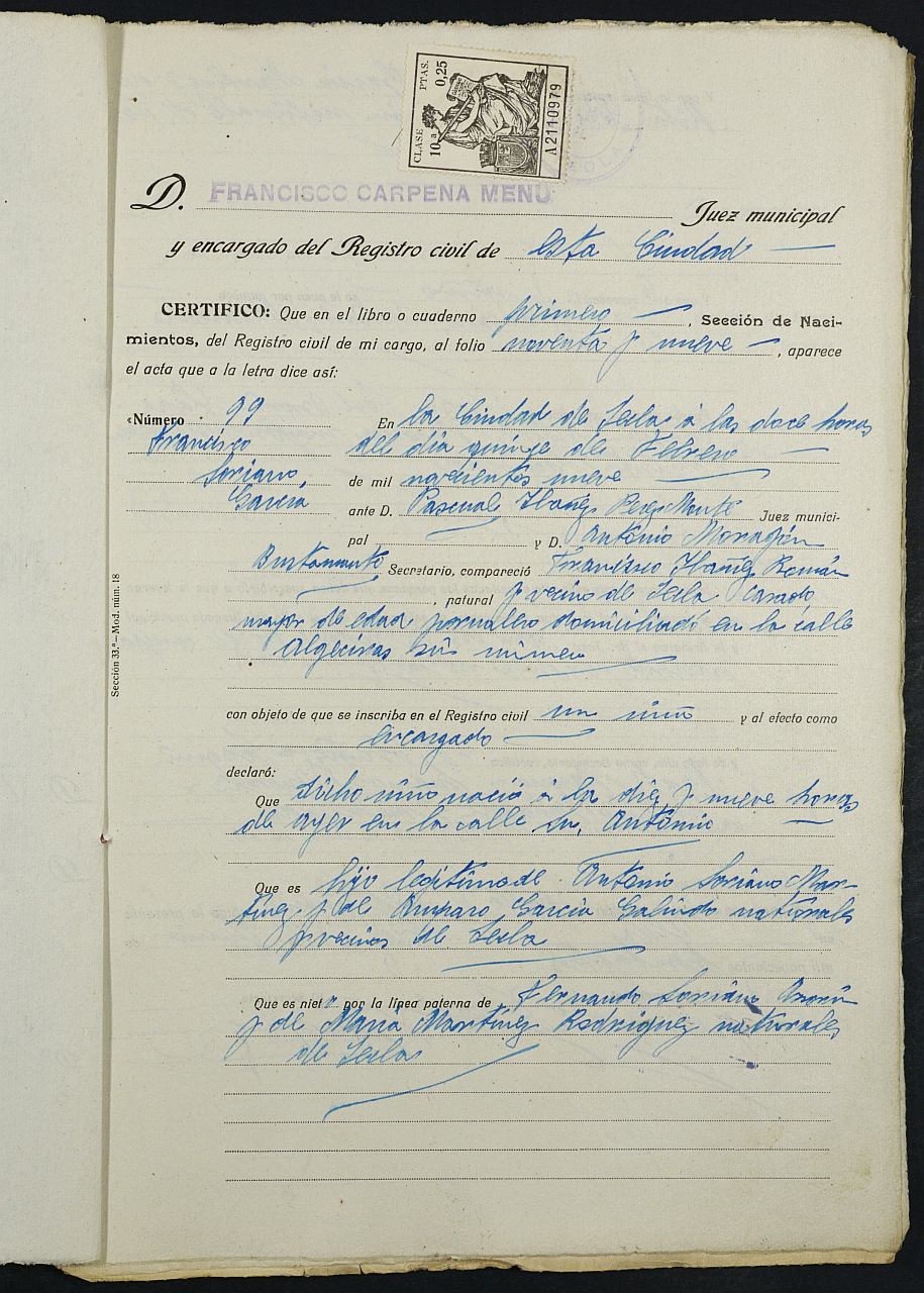 Expediente nº 77 para la inscripción de matrimonio civil en el Registro Civil de Yecla entre Francisco Soriano García y Josefa Soriano Martínez.