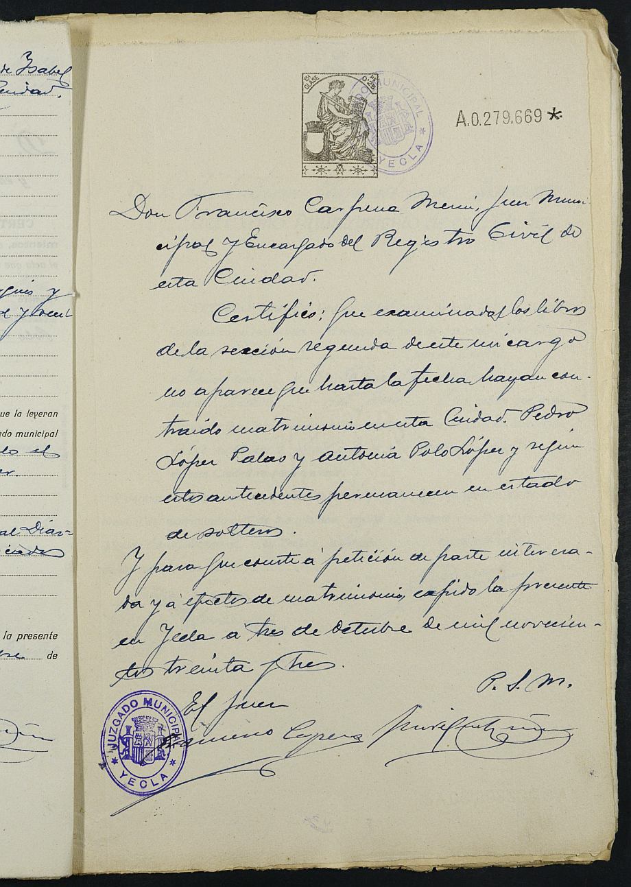 Expediente nº 101 para la inscripción de matrimonio civil en el Registro Civil de Yecla entre Pedro López Palao y Antonia María Jesús Polo López.