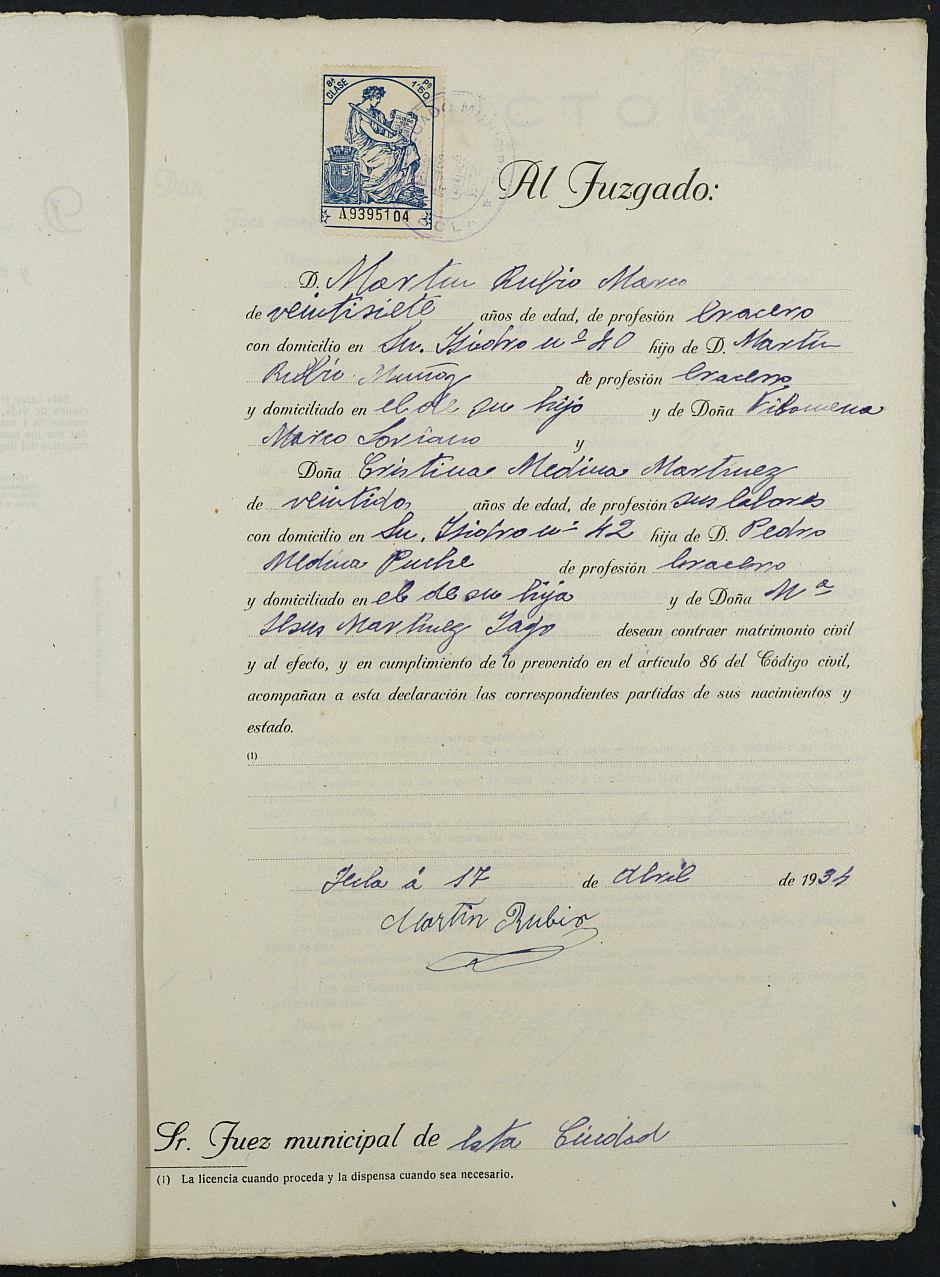 Expediente nº 28 para la inscripción de matrimonio civil en el Registro Civil de Yecla entre Martín Rubio Marco y Cristina Medina Martínez.