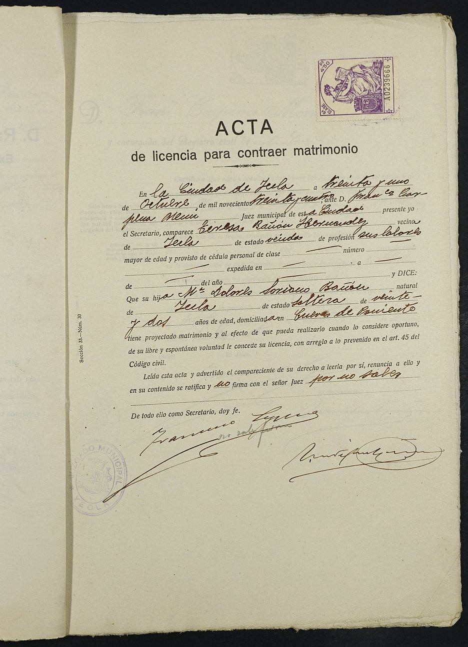 Expediente nº 73 para la inscripción de matrimonio civil en el Registro Civil de Yecla entre Ramón Ortega Pascual y María Dolores Soriano Bañón.