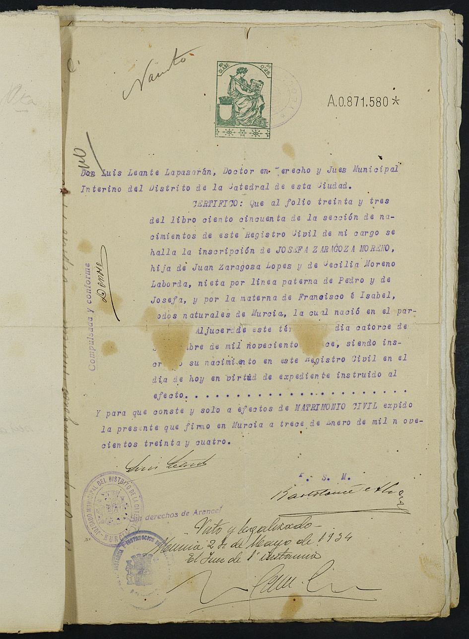 Expediente nº 109 para la inscripción de matrimonio civil en el Registro Civil de Yecla entre Moisés Pujante Ferrol y Josefa Zaragoza Moreno.